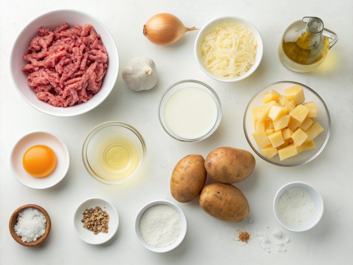 Fresh ingredients for Cheeseburger Potato Soup laid out on a kitchen counter