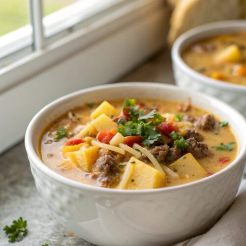 Featured image showcasing a bowl of cheesy hamburger potato soup