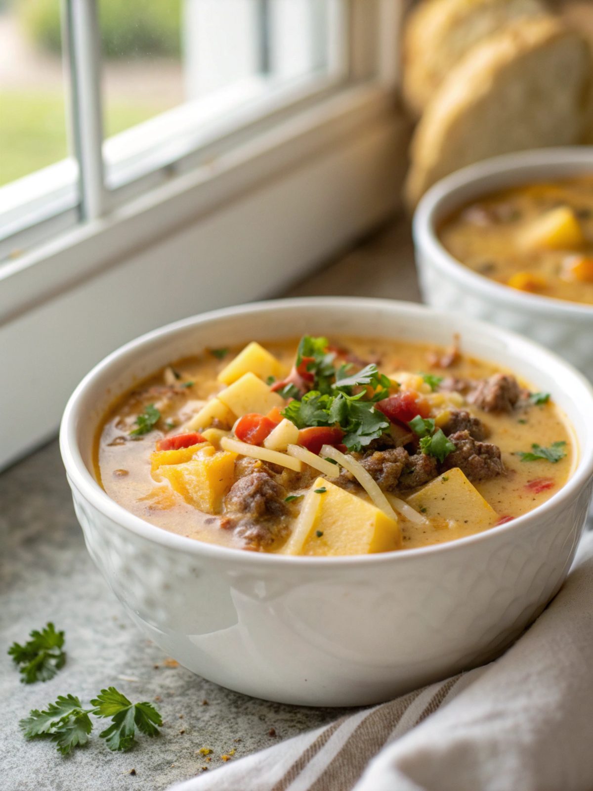 Featured image showcasing a bowl of cheesy hamburger potato soup