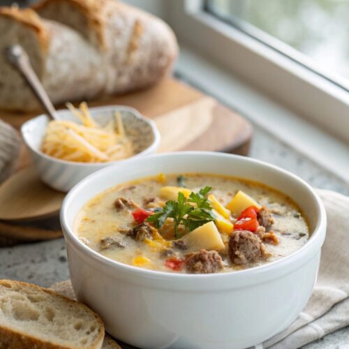 A vibrant bowl of Cheesy Hamburger Potato Soup, ready to enjoy.