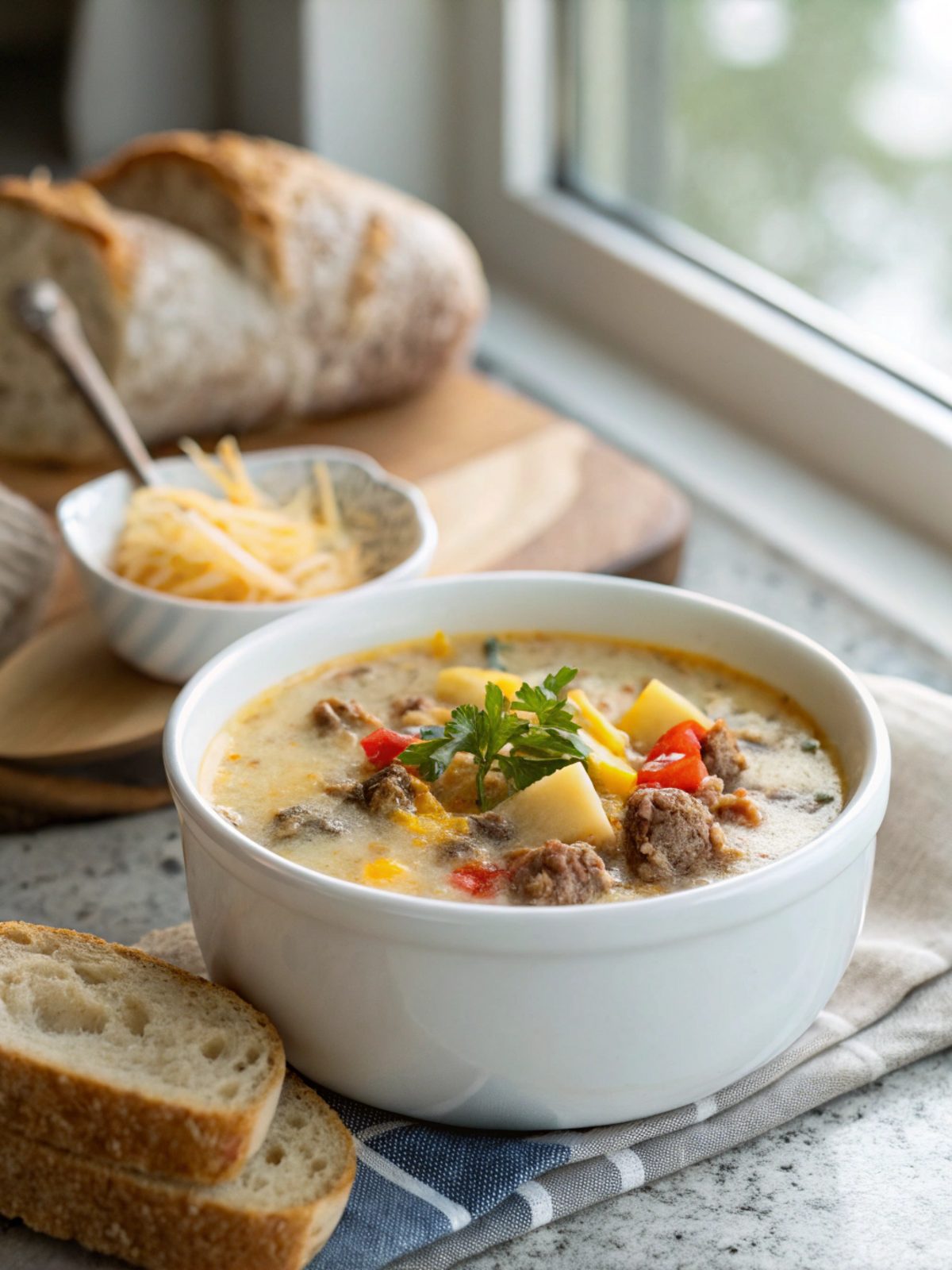 A vibrant bowl of Cheesy Hamburger Potato Soup, ready to enjoy.