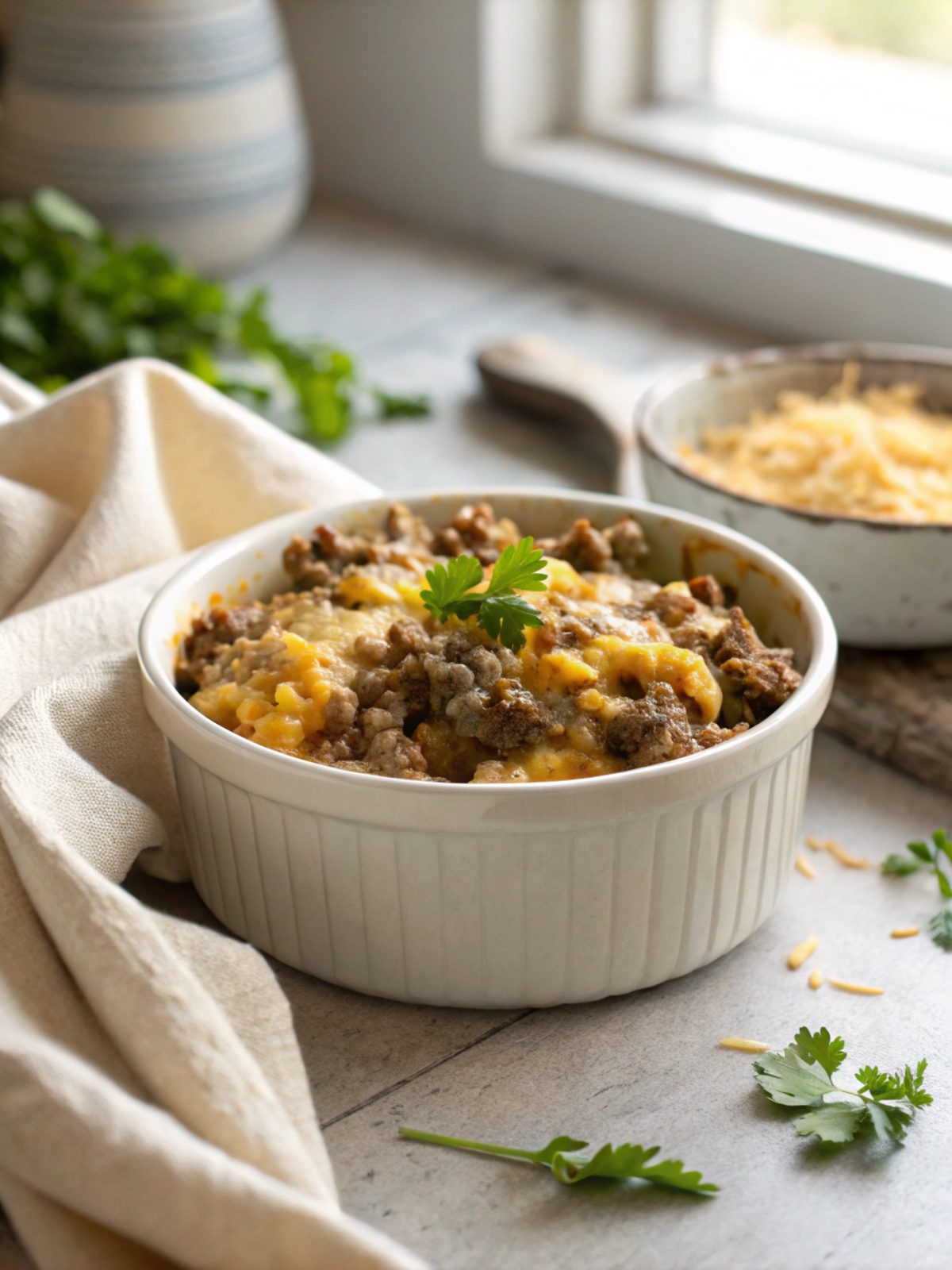 Appetizing close-up of a freshly baked cheesy hamburger rice casserole