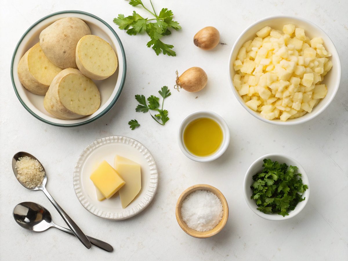 Ingredients flat lay for making cheesy potato burritos, including potatoes and cheese.
