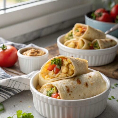 Close-up photo of cheesy potato burritos topped with fresh garnishes.