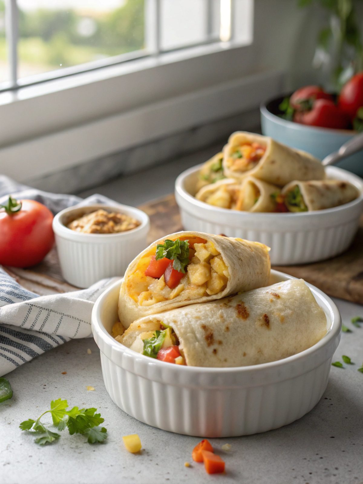 Close-up photo of cheesy potato burritos topped with fresh garnishes.