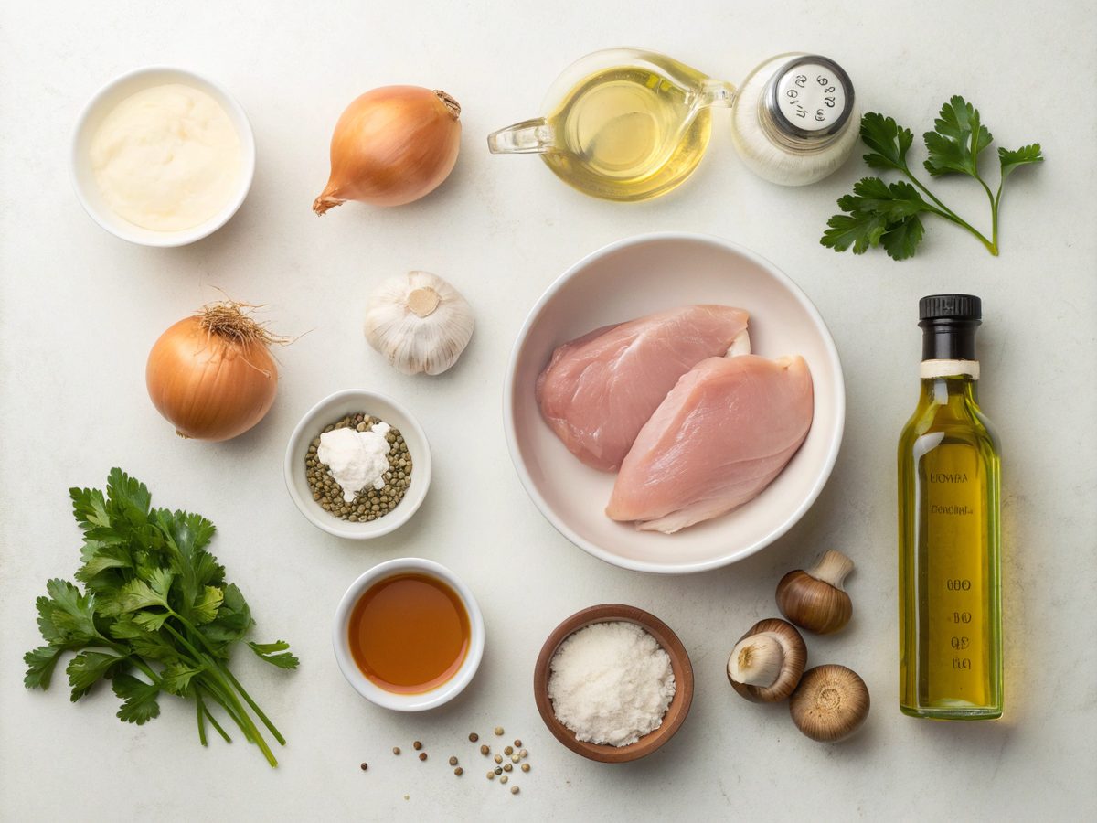 Flat lay of chicken mushroom stroganoff ingredients on a kitchen counter