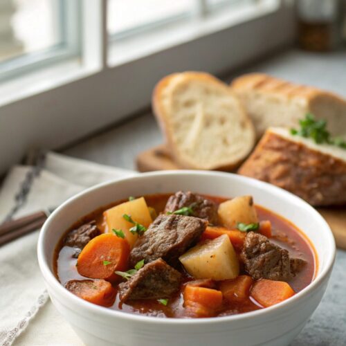 A warm and inviting bowl of classic beef stew with red wine