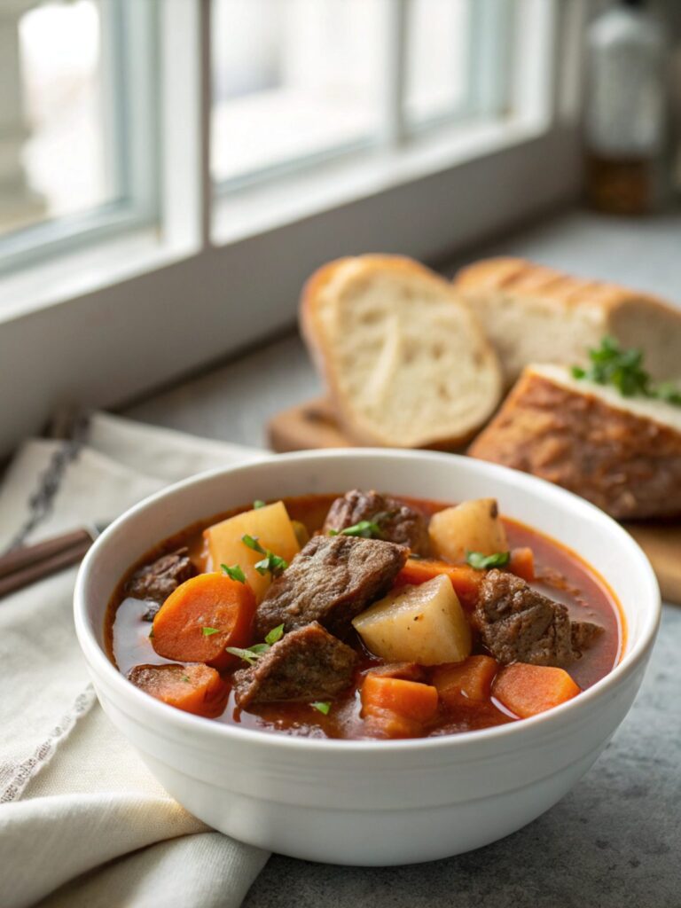 A warm and inviting bowl of classic beef stew with red wine