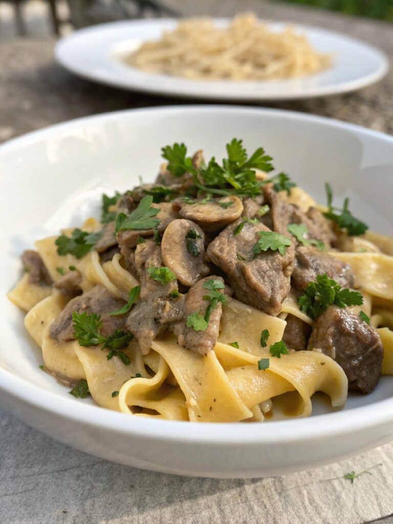 A delicious plate of classic beef stroganoff with creamy sauce