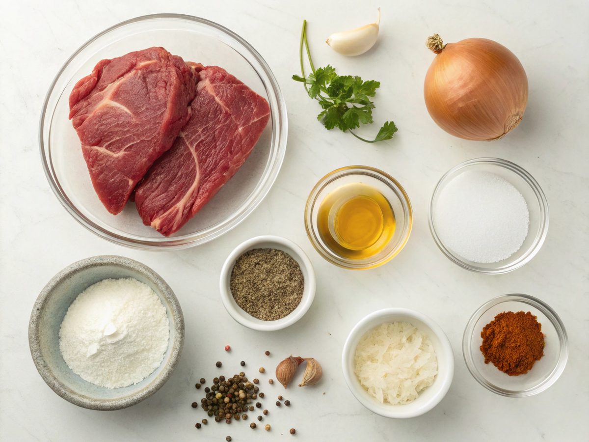 Flat lay of Classic Beef Stroganoff ingredients, including beef, onions, garlic, and sour cream.