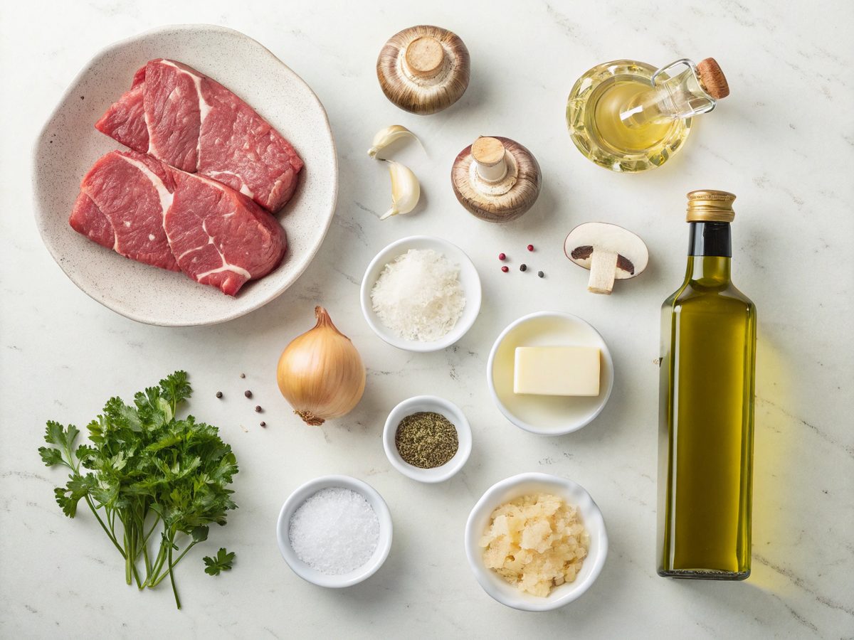 Ingredients for a Classic Beef Stroganoff Recipe laid out on a counter