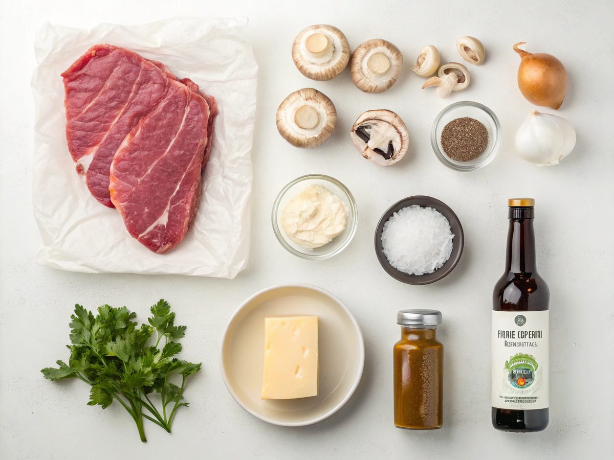 All the necessary ingredients for making classic beef stroganoff
