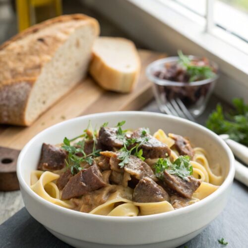 Served Classic Beef Stroganoff, showcasing the creamy texture and tender beef.