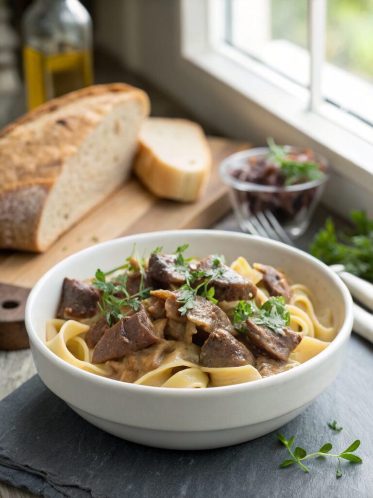 Served Classic Beef Stroganoff, showcasing the creamy texture and tender beef.