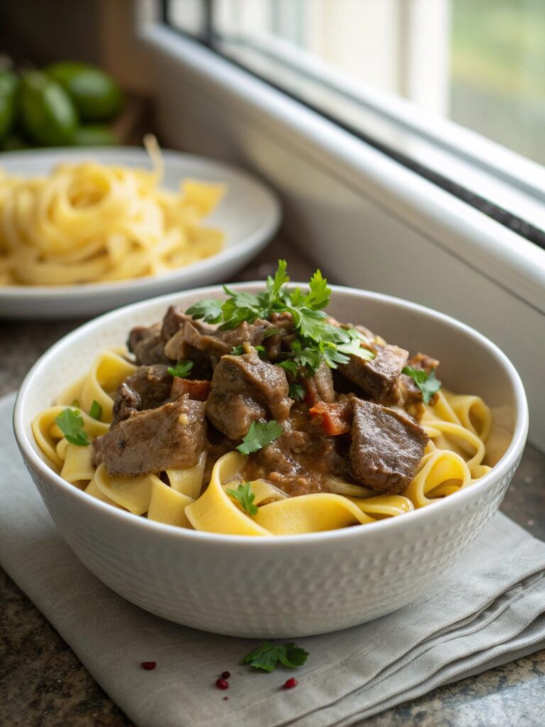 A perfect plate of classic beef stroganoff