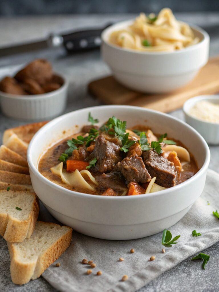 Classic Beef Stroganoff Recipe served with garnished in a white ceramic bowl