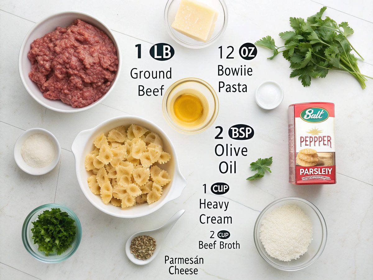 Flat lay of ingredients for creamy beef bowtie pasta recipe.