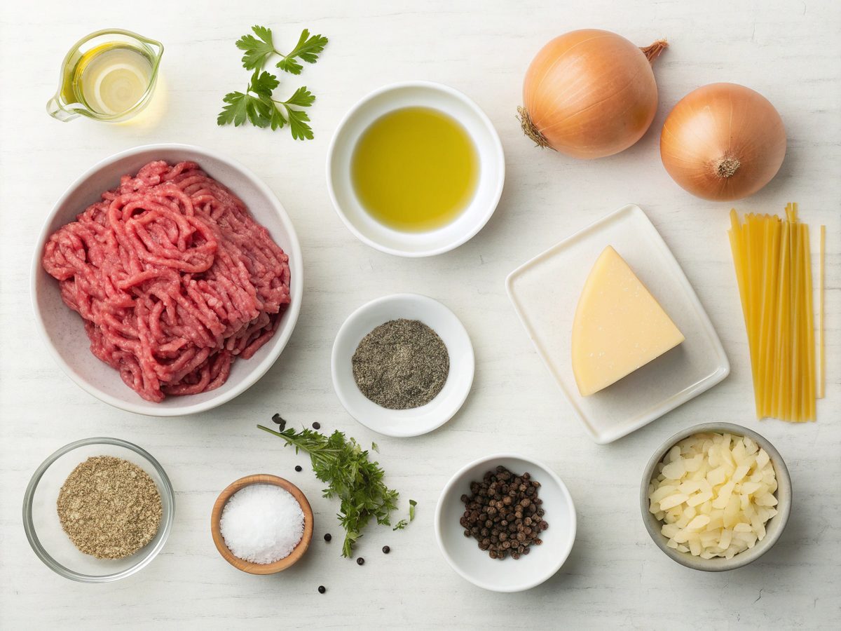 Flat lay illustration of creamy beef pasta ingredients on a kitchen counter.