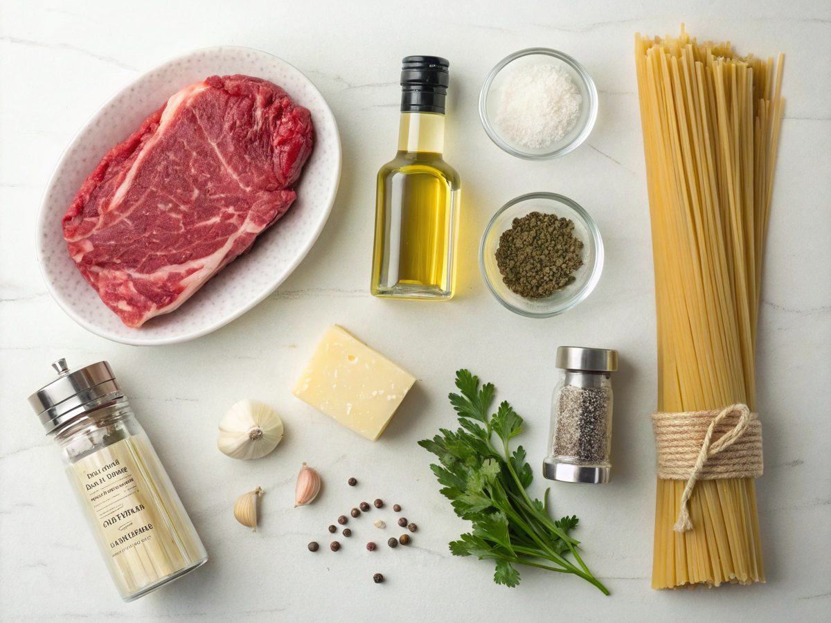 Visual arrangement of creamy beef pasta ingredients, including beef, pasta, cream, and cheese.