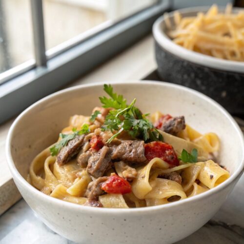 Beautifully served Creamy Beef Pasta garnished with fresh herbs.