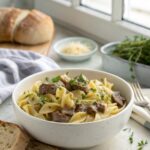 Mouthwatering creamy beef pasta served in a bowl