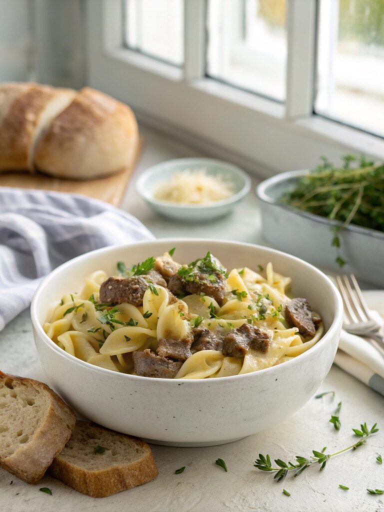 Mouthwatering creamy beef pasta served in a bowl