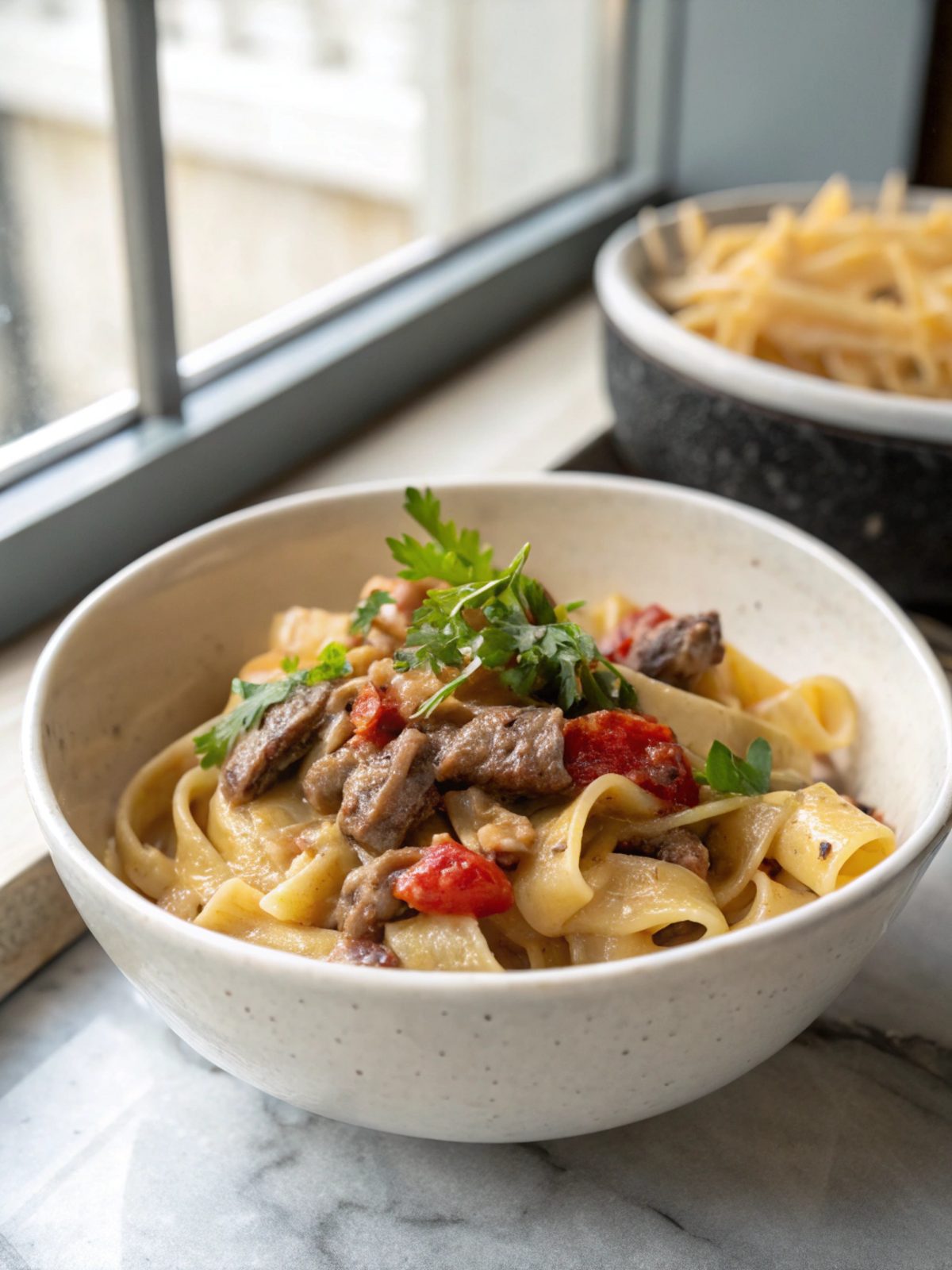 Beautifully served Creamy Beef Pasta garnished with fresh herbs.
