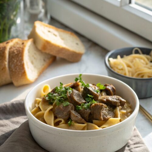 SEO-friendly alt text describing the featured image, including beef stroganoff with egg noodles