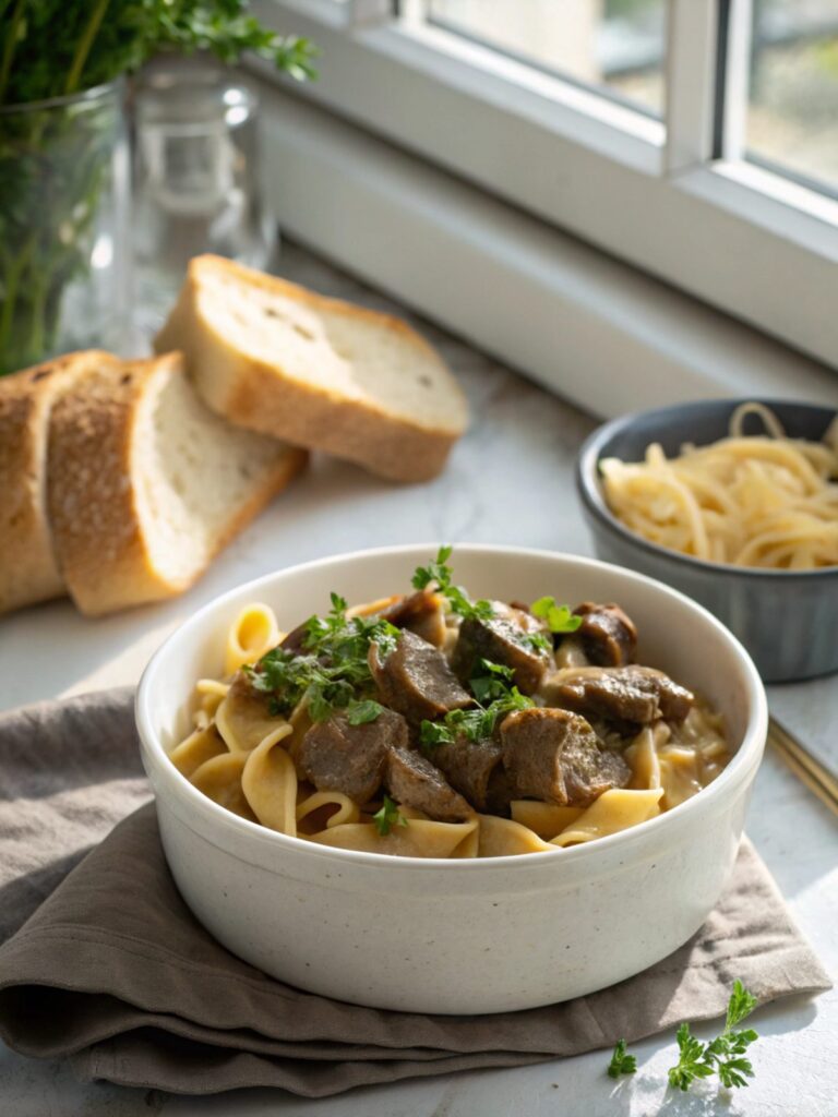 SEO-friendly alt text describing the featured image, including beef stroganoff with egg noodles