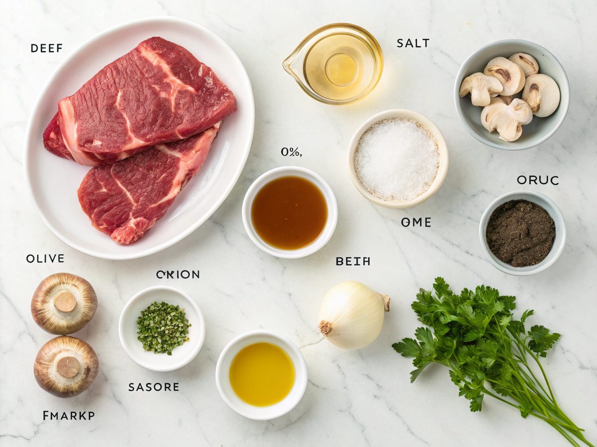 Illustration showing ingredients for creamy beef stroganoff recipe