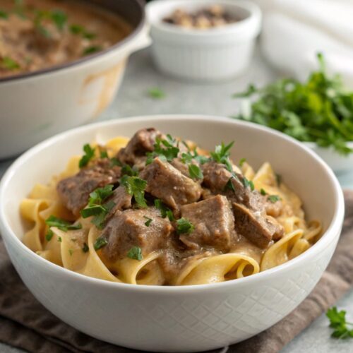 Delicious creamy beef stroganoff served in a bowl