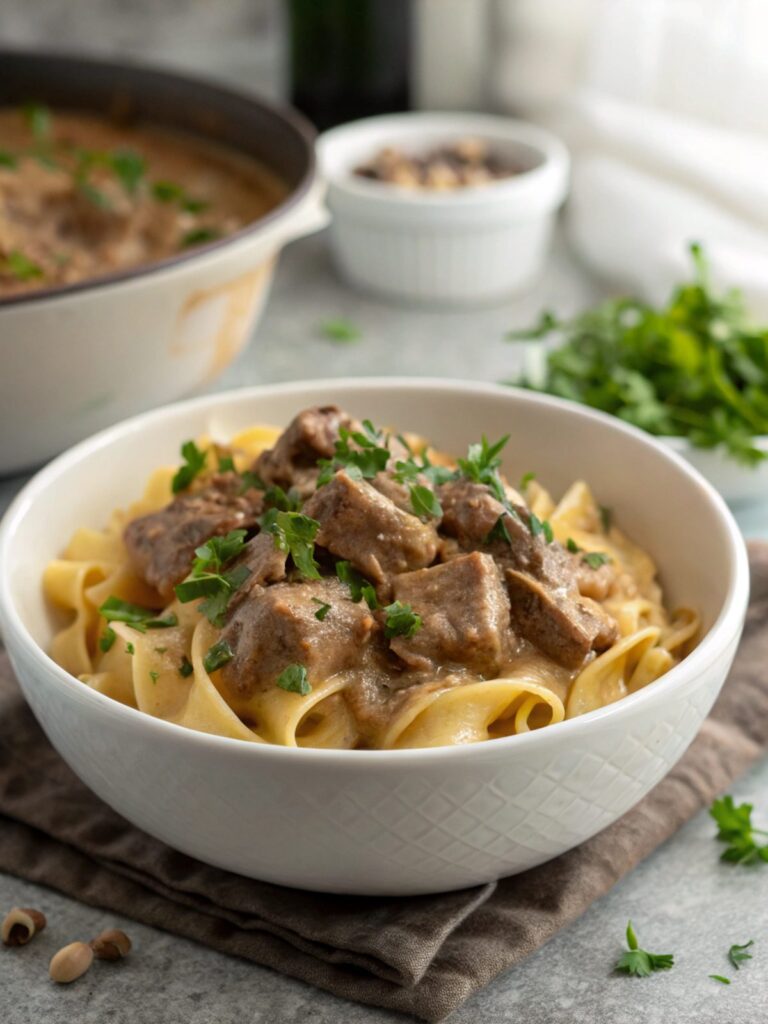 Delicious creamy beef stroganoff served in a bowl