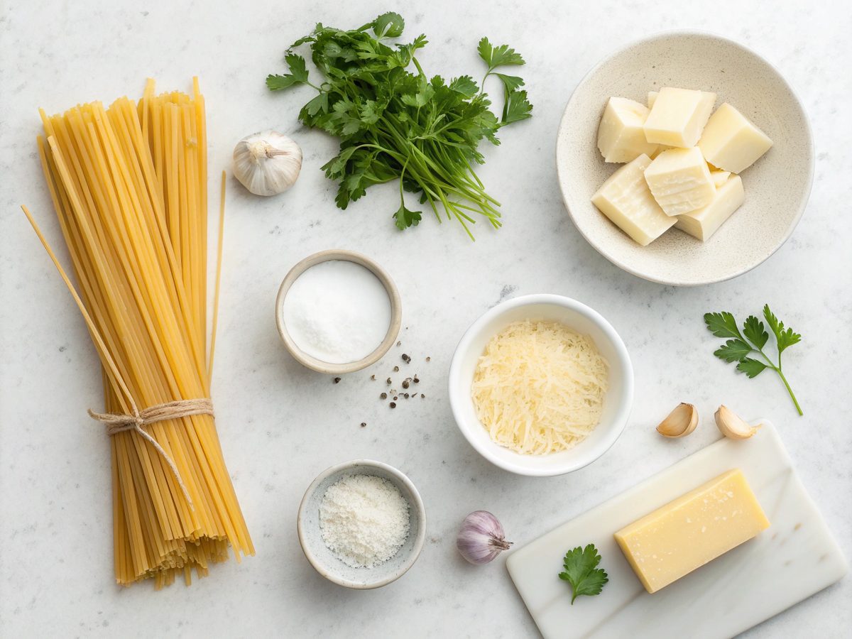 Flat lay of creamy garlic butter pasta ingredients