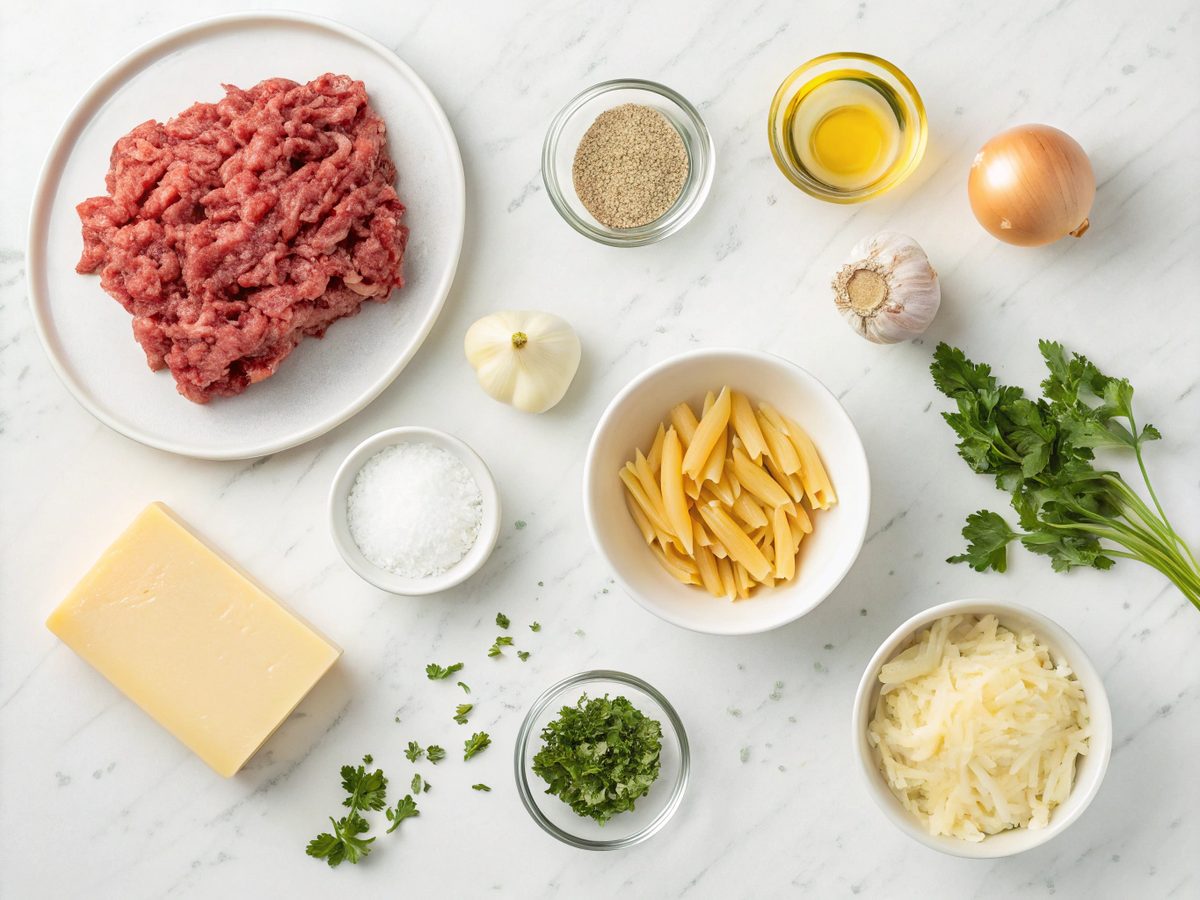 Flat lay of creamy ground beef pasta ingredients including pasta, ground beef, onion, garlic, parmesan, and cream.