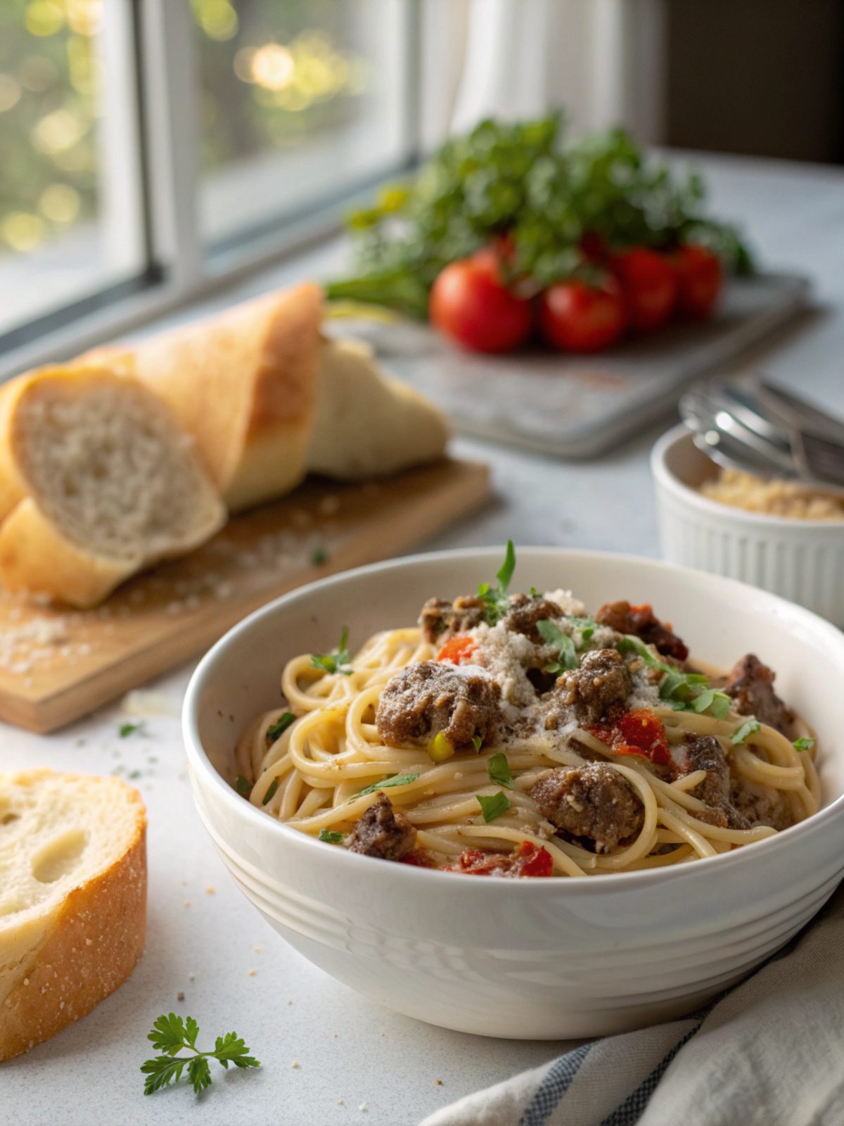 Creamy Ground Beef Pasta served in a white bowl with garnish.