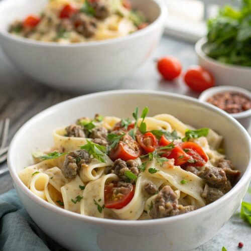 A visually delicious serving of creamy ground beef pasta in a bowl