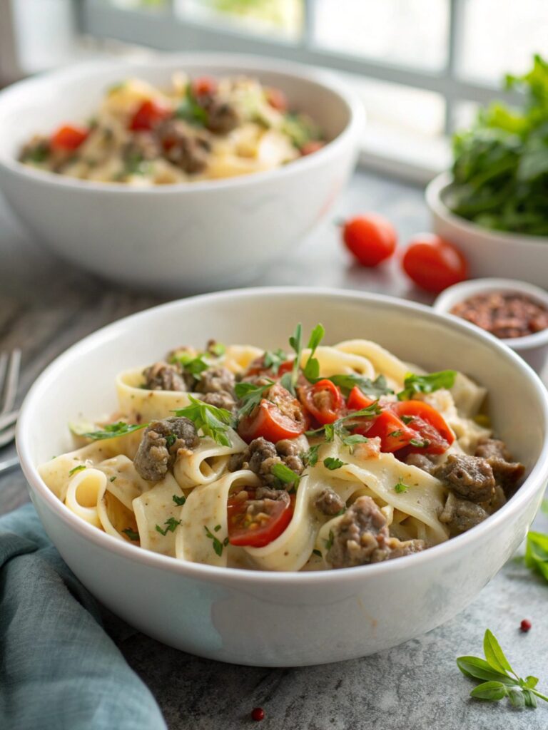 A visually delicious serving of creamy ground beef pasta in a bowl