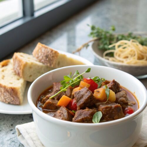 Hearty and creative stew meat recipe served in a bowl.