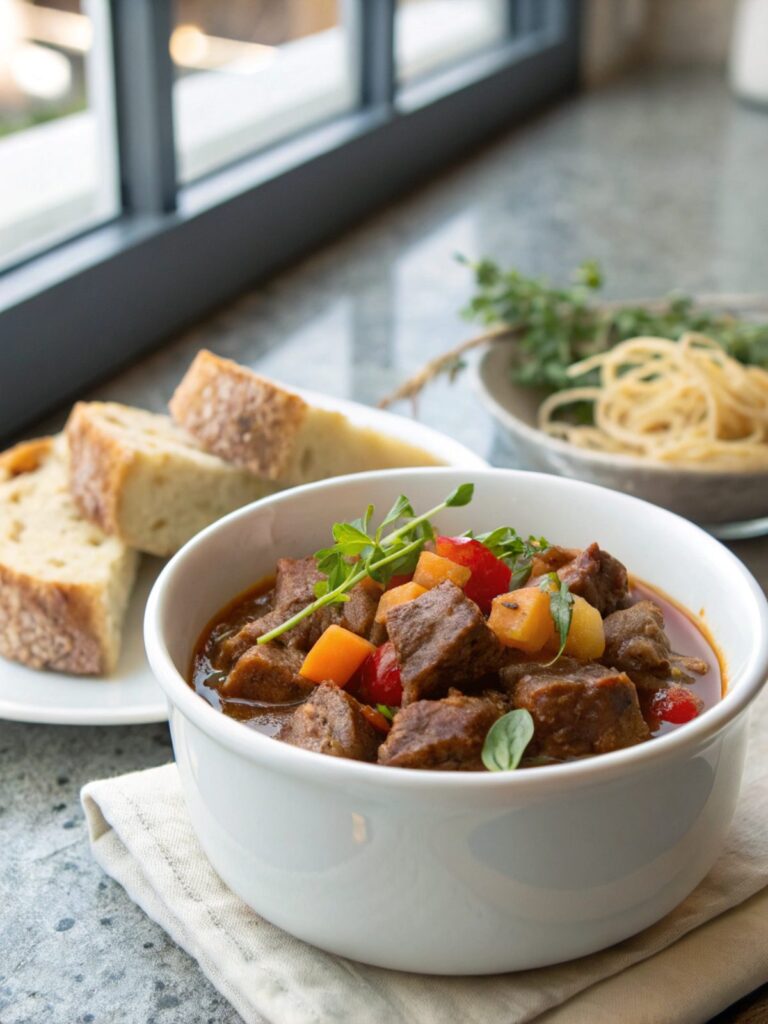 Hearty and creative stew meat recipe served in a bowl.
