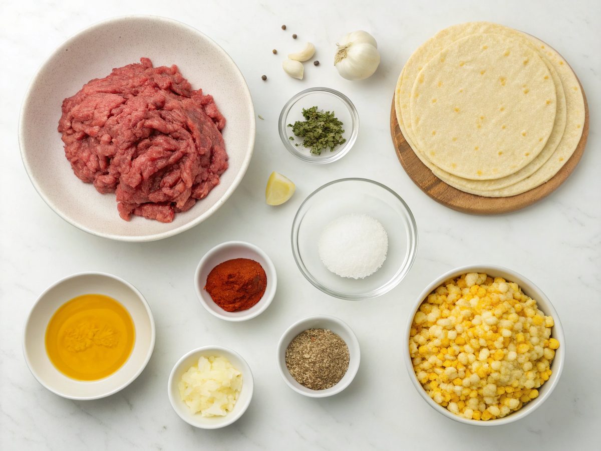 Crispy beef tacos ingredients beautifully laid out.