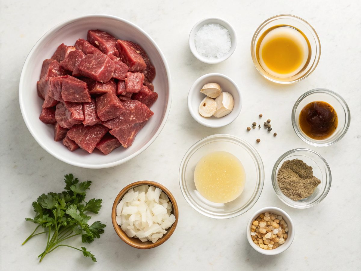 Top view of ingredients for crockpot beef stroganoff neatly arranged.