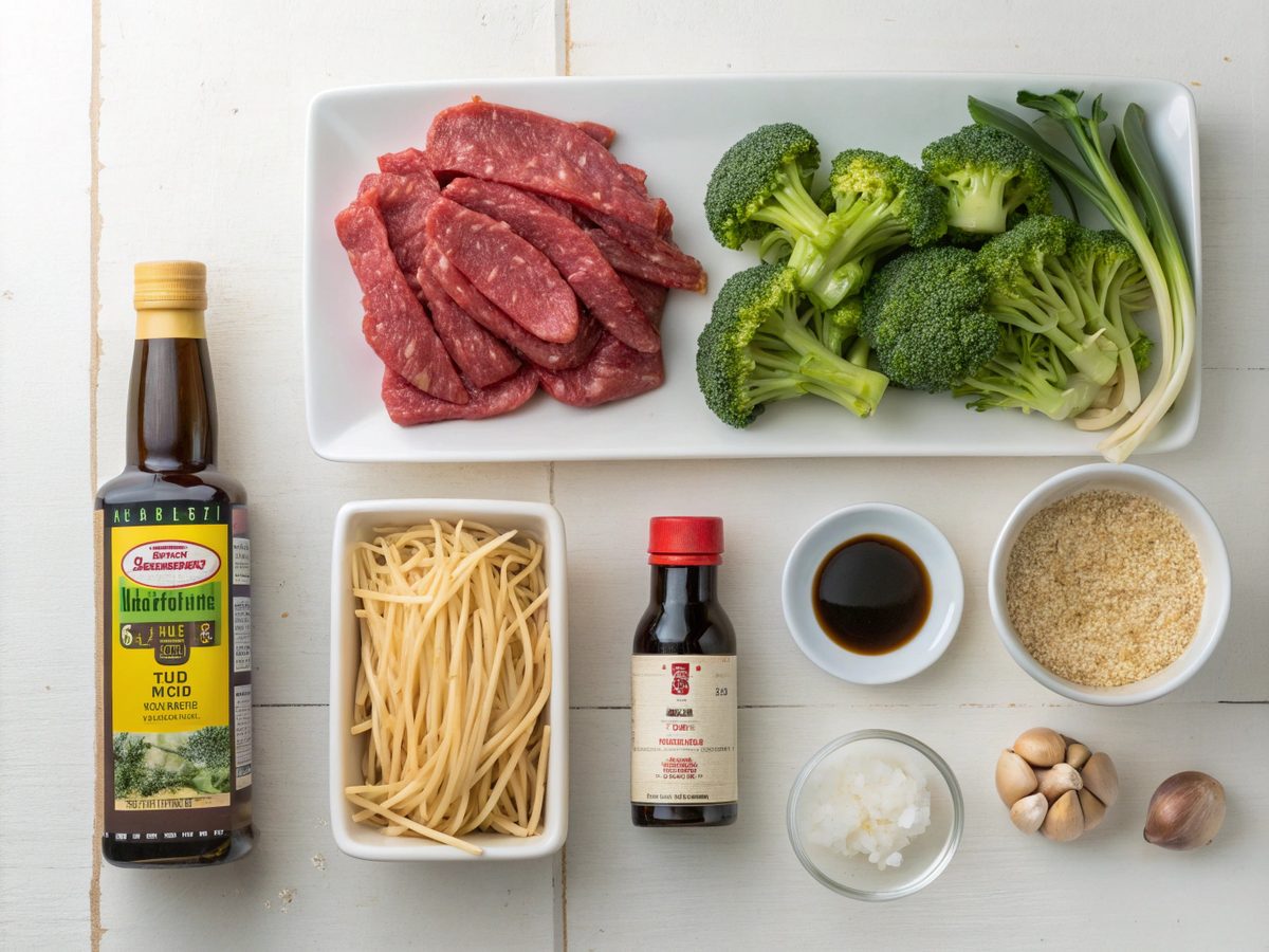 Ingredients for making Beef Broccoli Lo Mein laid out on kitchen counter.