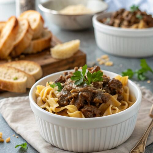 Comforting ground beef stroganoff recipe served in a bowl