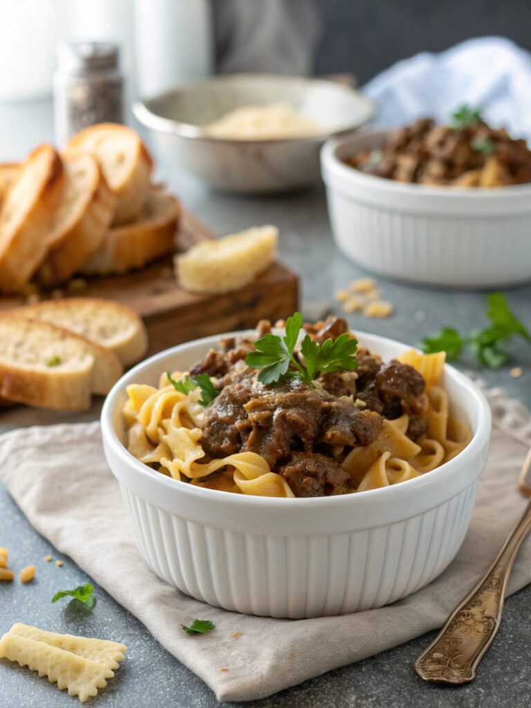 Comforting ground beef stroganoff recipe served in a bowl