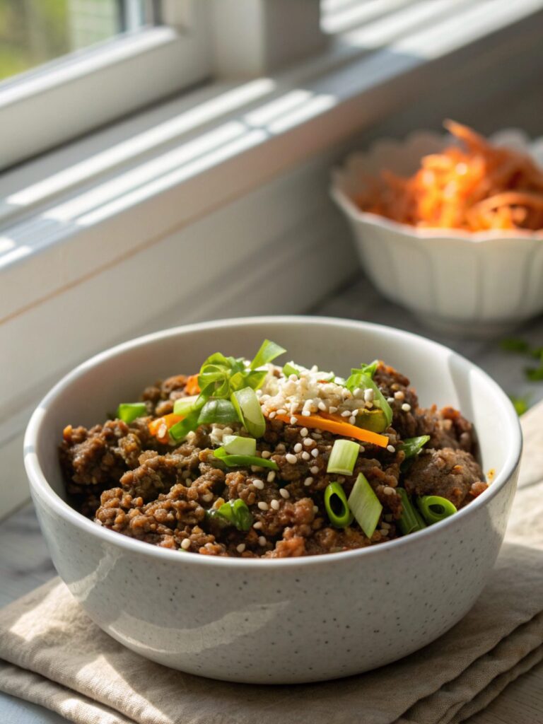 Delicious Korean Ground Beef Bowl recipe served fresh in a bowl