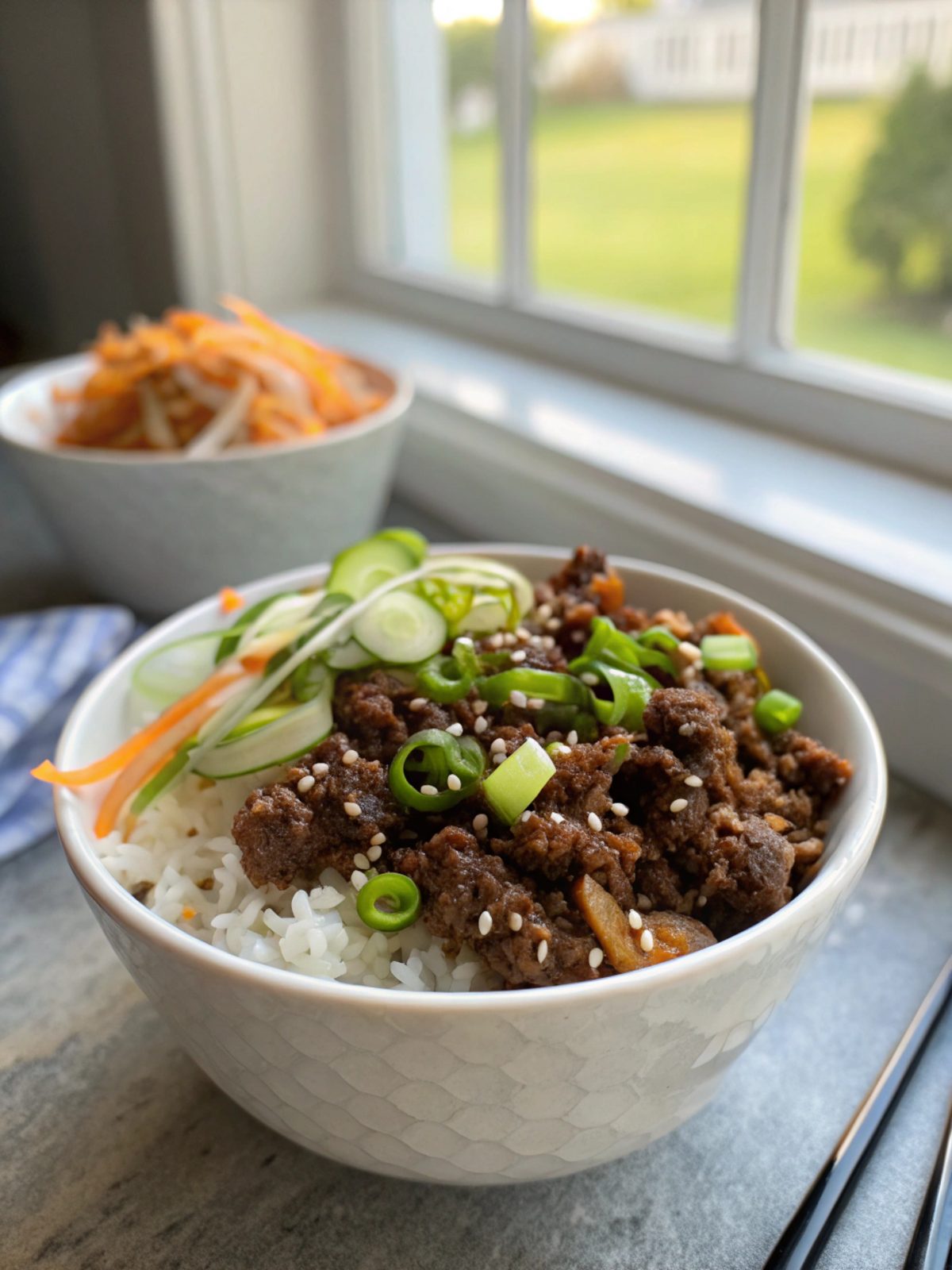 A delicious Korean Ground Beef Bowl served with rice and garnished with fresh toppings.