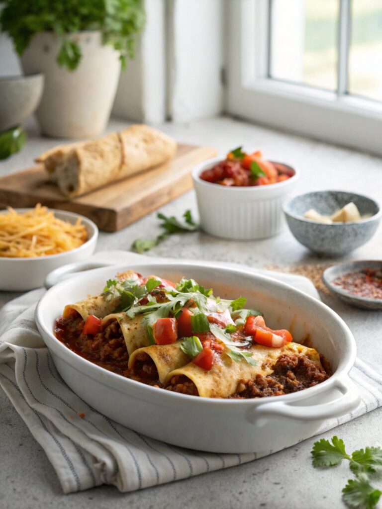 Featured image showing delicious ground beef enchiladas with toppings.