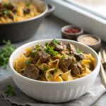 Deliciously served Beef Stroganoff close-up