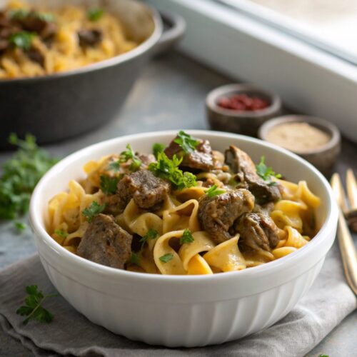 Deliciously served Beef Stroganoff close-up