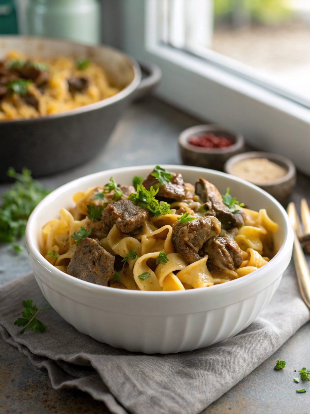 Deliciously served Beef Stroganoff close-up